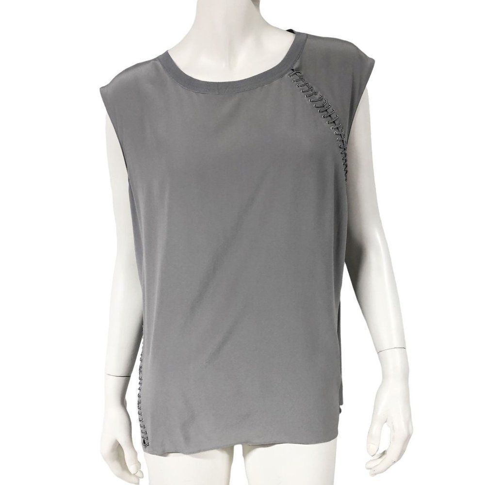 Womens Elie Tahari Grey Silk Tank Sleeveless Top w Grommet Lace up Detail Size L